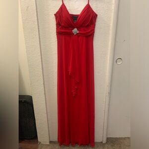 B. Smart Small Red Lined Chiffon Spaghetti Strap Rhinestone Accent Gown Dress